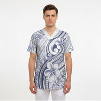 Hawaii Plumeria Lokelani Pikake Lei Scrub Top Navy Blue Polynesian Tattoo LT9 - Polynesian Pride