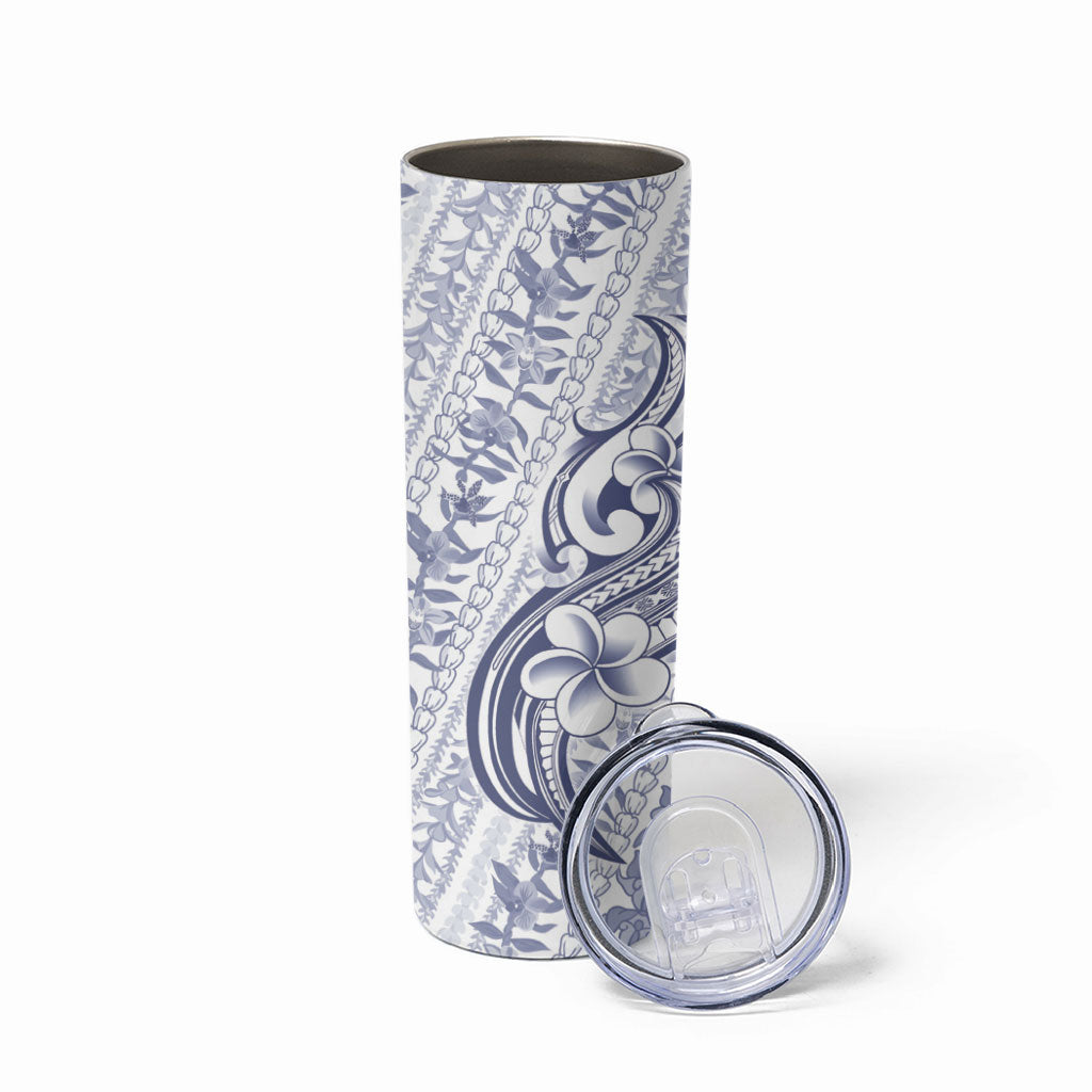 Hawaii Plumeria Lokelani Pikake Lei Skinny Tumbler Navy Blue Polynesian Tattoo
