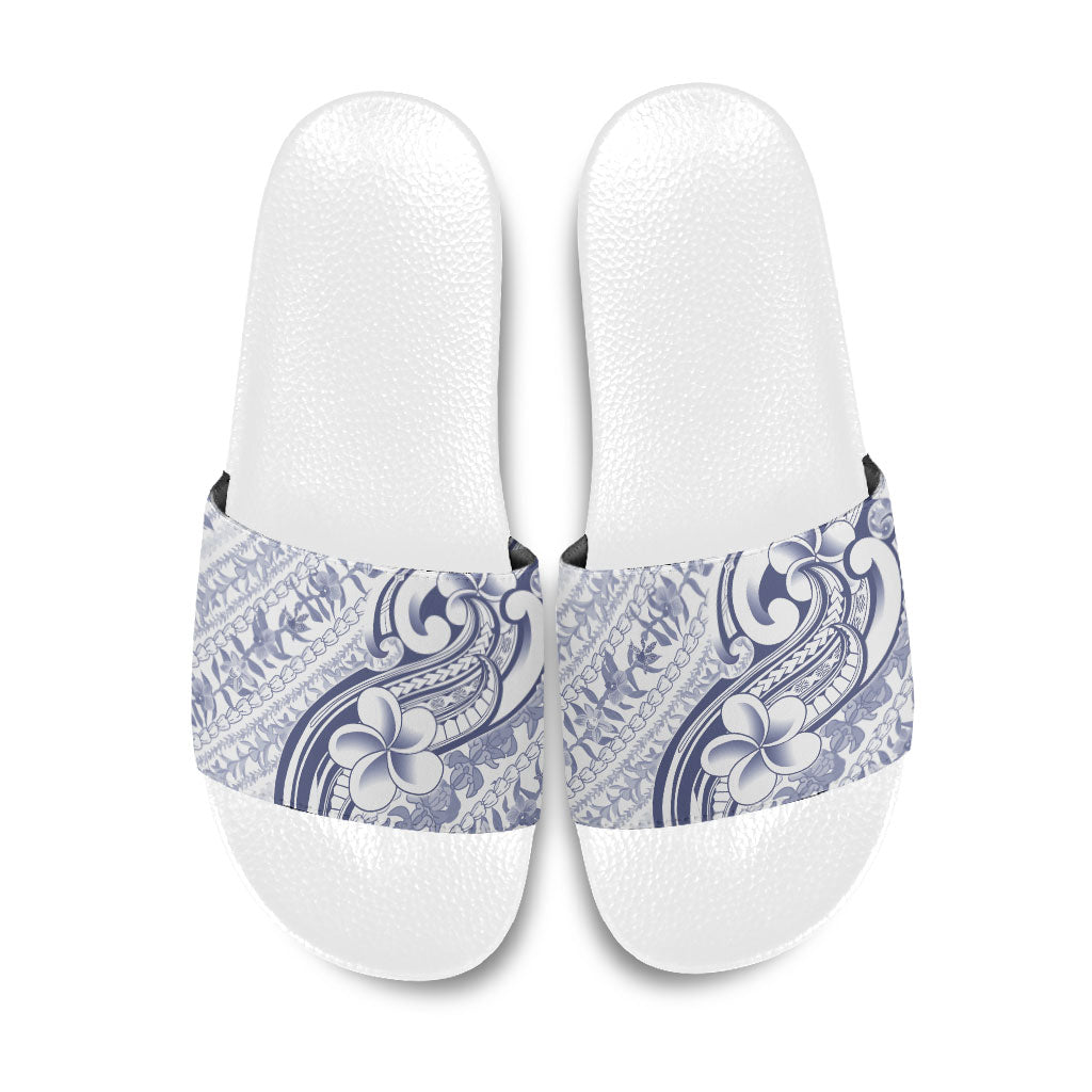 Hawaii Plumeria Lokelani Pikake Lei Slide Sandals Navy Blue Polynesian Tattoo