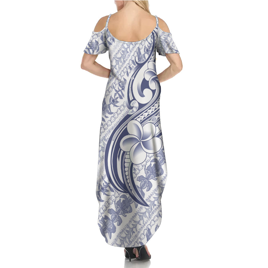 Hawaii Plumeria Lokelani Pikake Lei Summer Maxi Dress Navy Blue Polynesian Tattoo