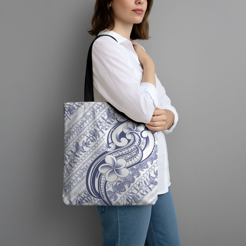 Hawaii Plumeria Lokelani Pikake Lei Tote Bag Navy Blue Polynesian Tattoo