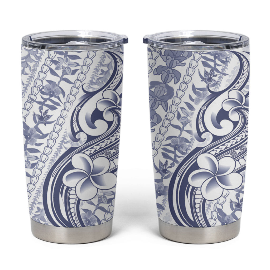Hawaii Plumeria Lokelani Pikake Lei Tumbler Cup Navy Blue Polynesian Tattoo