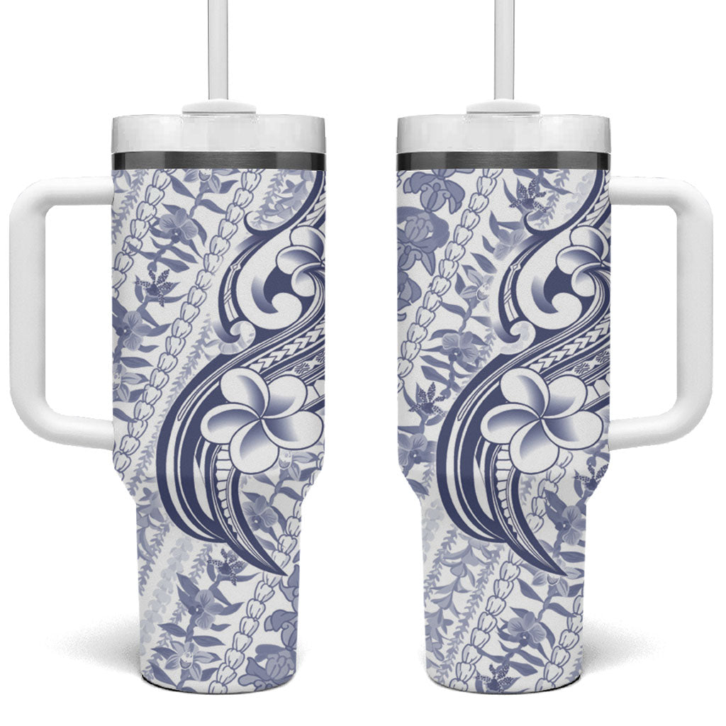 Hawaii Plumeria Lokelani Pikake Lei Tumbler With Handle Navy Blue Polynesian Tattoo