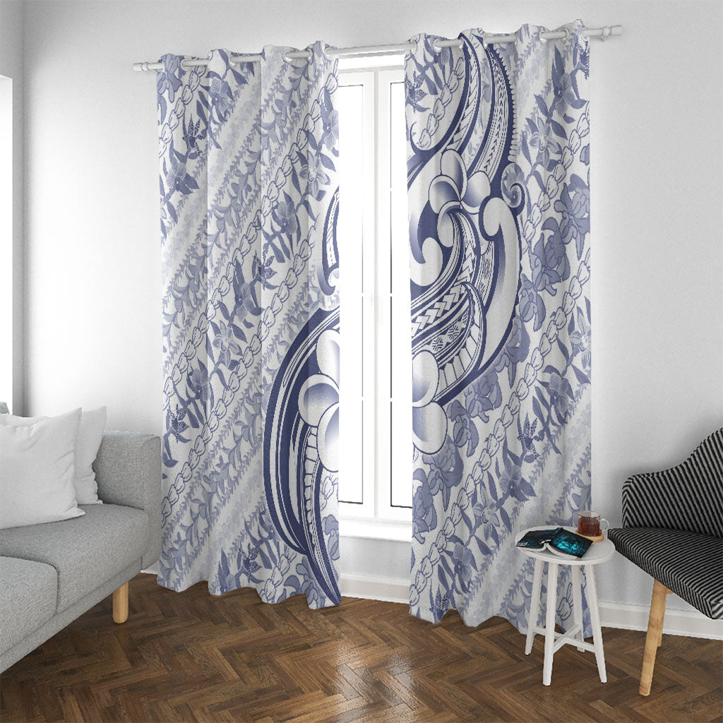 Hawaii Plumeria Lokelani Pikake Lei Window Curtain Navy Blue Polynesian Tattoo LT9 With Grommets Navy Blue - Polynesian Pride