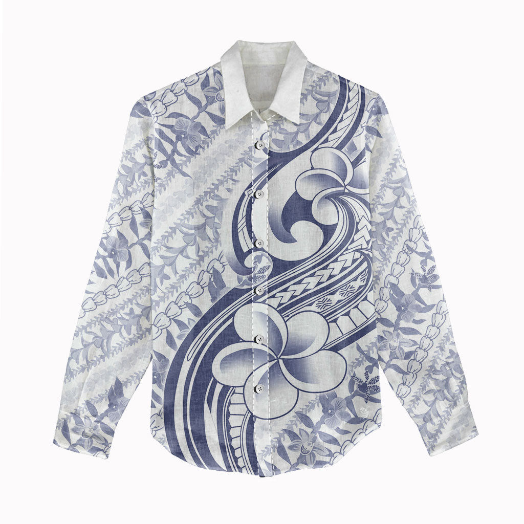 Hawaii Plumeria Lokelani Pikake Lei Women Casual Shirt Navy Blue Polynesian Tattoo