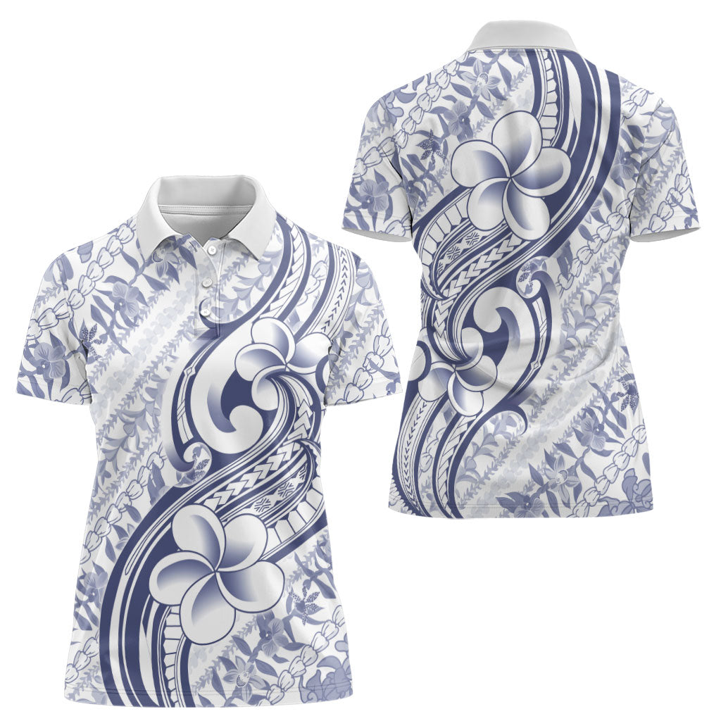 Hawaii Plumeria Lokelani Pikake Lei Women Polo Shirt Navy Blue Polynesian Tattoo