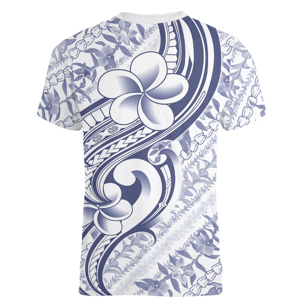 Hawaii Plumeria Lokelani Pikake Lei Women V-Neck T-Shirt Navy Blue Polynesian Tattoo