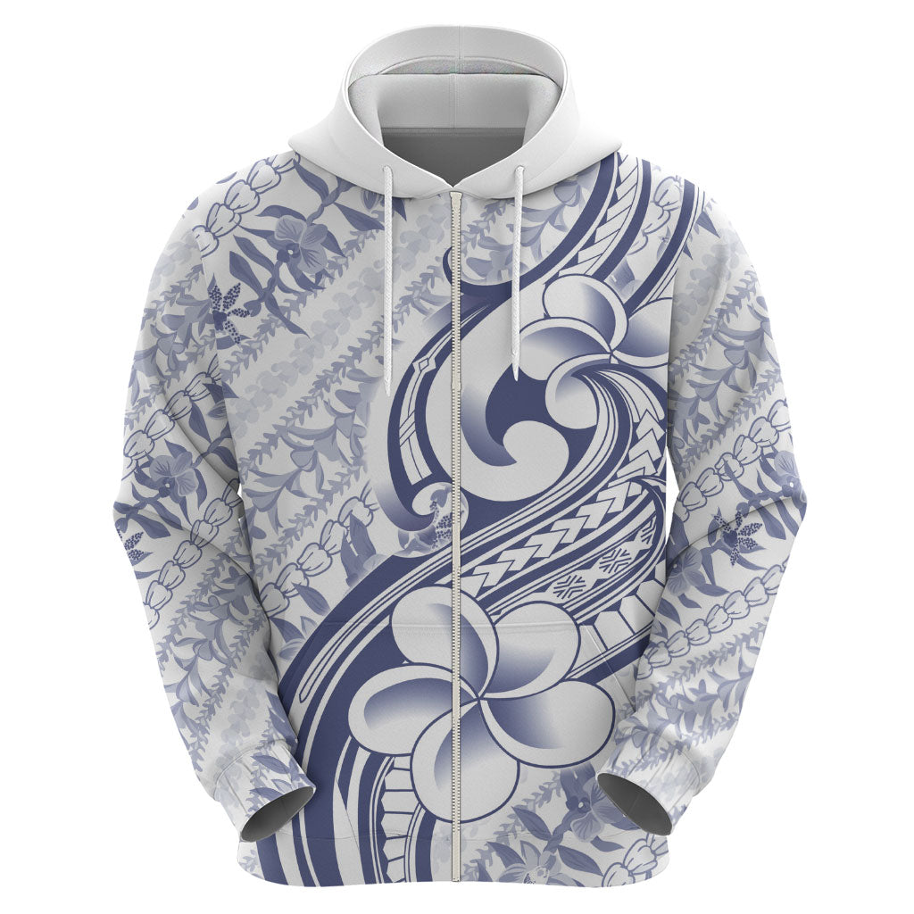Hawaii Plumeria Lokelani Pikake Lei Zip Hoodie Navy Blue Polynesian Tattoo