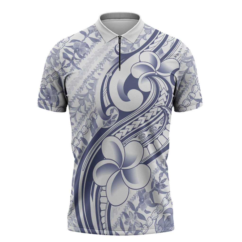 Hawaii Plumeria Lokelani Pikake Lei Zipper Polo Shirt Navy Blue Polynesian Tattoo