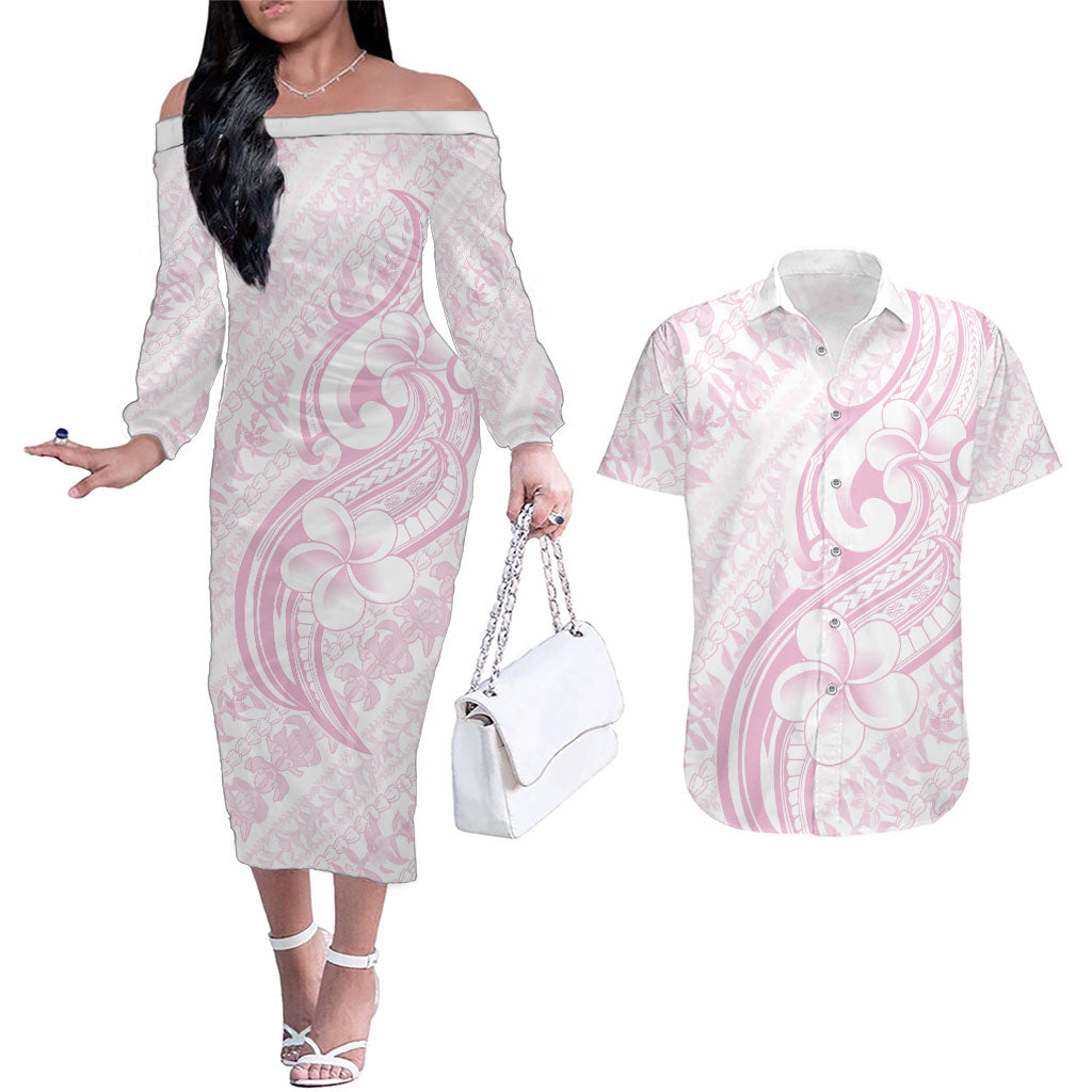Hawaii Plumeria Lokelani Pikake Lei Couples Matching Off The Shoulder Long Sleeve Dress and Hawaiian Shirt Poni Mama Polynesian Tattoo LT9 Pink - Polynesian Pride