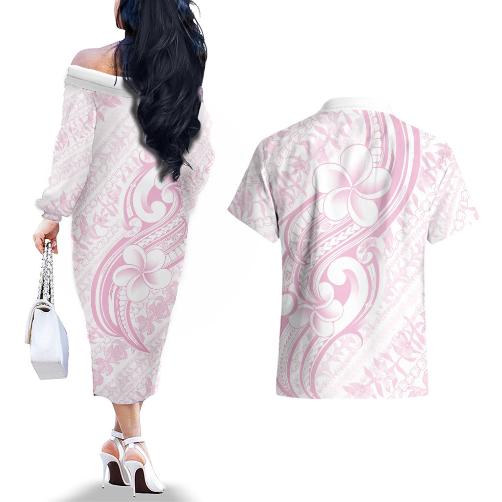 Hawaii Plumeria Lokelani Pikake Lei Couples Matching Off The Shoulder Long Sleeve Dress and Hawaiian Shirt Poni Mama Polynesian Tattoo LT9 - Polynesian Pride