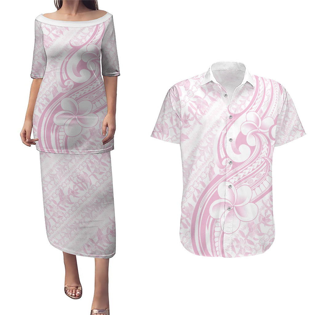 Hawaii Plumeria Lokelani Pikake Lei Couples Matching Puletasi and Hawaiian Shirt Poni Mama Polynesian Tattoo