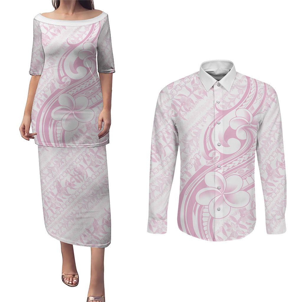 Hawaii Plumeria Lokelani Pikake Lei Couples Matching Puletasi and Long Sleeve Button Shirt Poni Mama Polynesian Tattoo