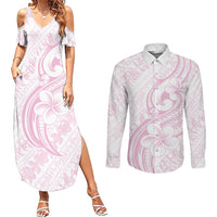 Hawaii Plumeria Lokelani Pikake Lei Couples Matching Summer Maxi Dress and Long Sleeve Button Shirt Poni Mama Polynesian Tattoo