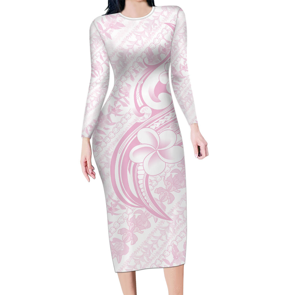 Hawaii Plumeria Lokelani Pikake Lei Long Sleeve Bodycon Dress Poni Mama Polynesian Tattoo LT9 Long Dress Pink - Polynesian Pride