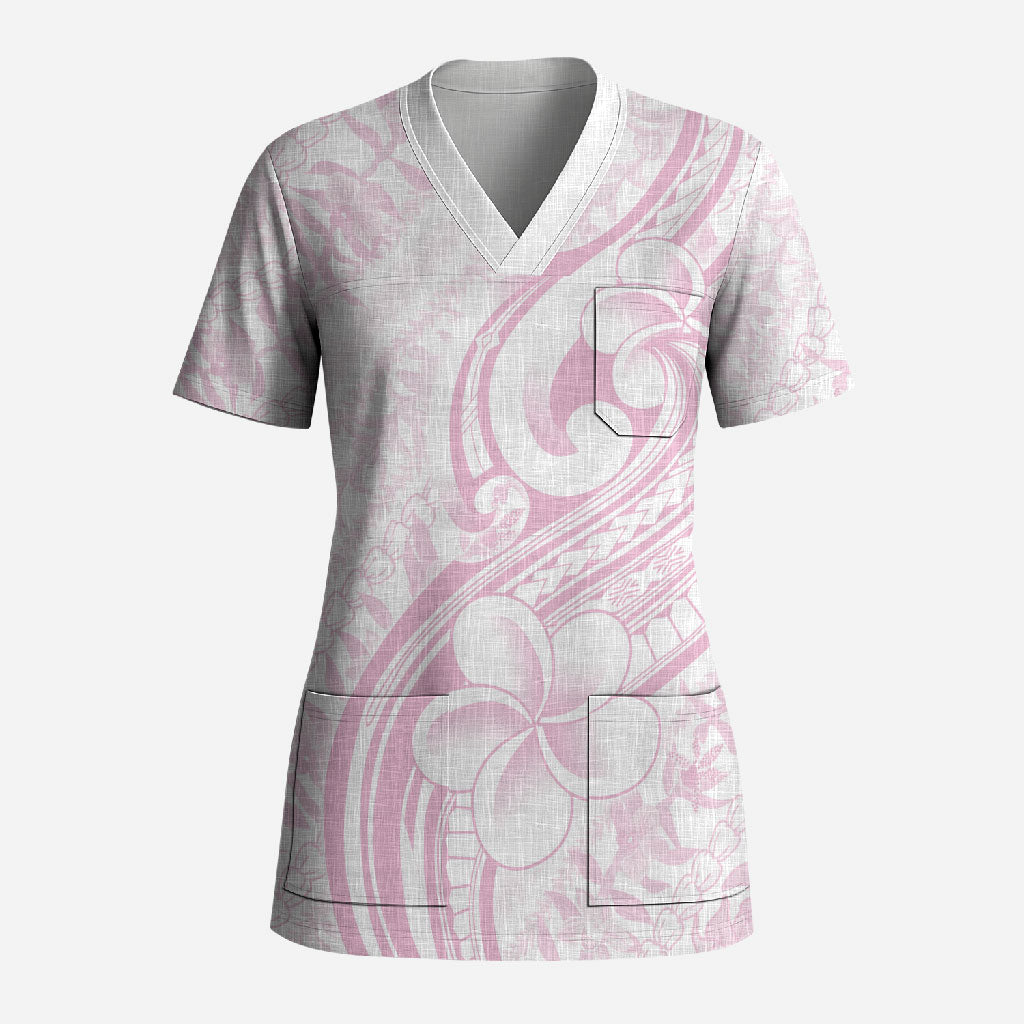 Hawaii Plumeria Lokelani Pikake Lei Scrub Top Poni Mama Polynesian Tattoo