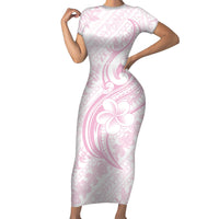 Hawaii Plumeria Lokelani Pikake Lei Short Sleeve Bodycon Dress Poni Mama Polynesian Tattoo LT9 Long Dress Pink - Polynesian Pride