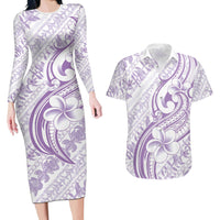 Hawaii Plumeria Lokelani Pikake Lei Couples Matching Long Sleeve Bodycon Dress and Hawaiian Shirt Poni Polynesian Tattoo LT9 Purple - Polynesian Pride
