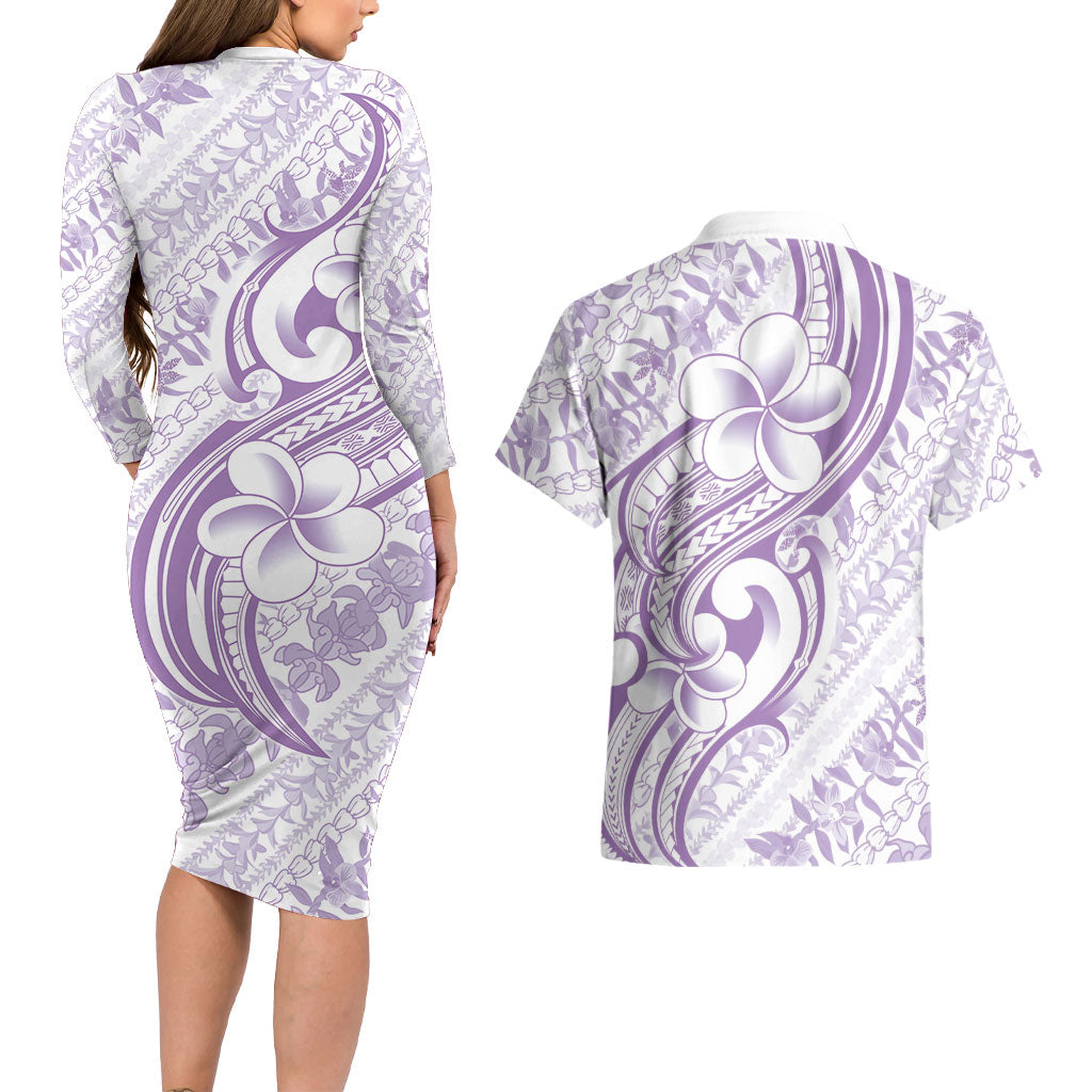 Hawaii Plumeria Lokelani Pikake Lei Couples Matching Long Sleeve Bodycon Dress and Hawaiian Shirt Poni Polynesian Tattoo LT9 - Polynesian Pride