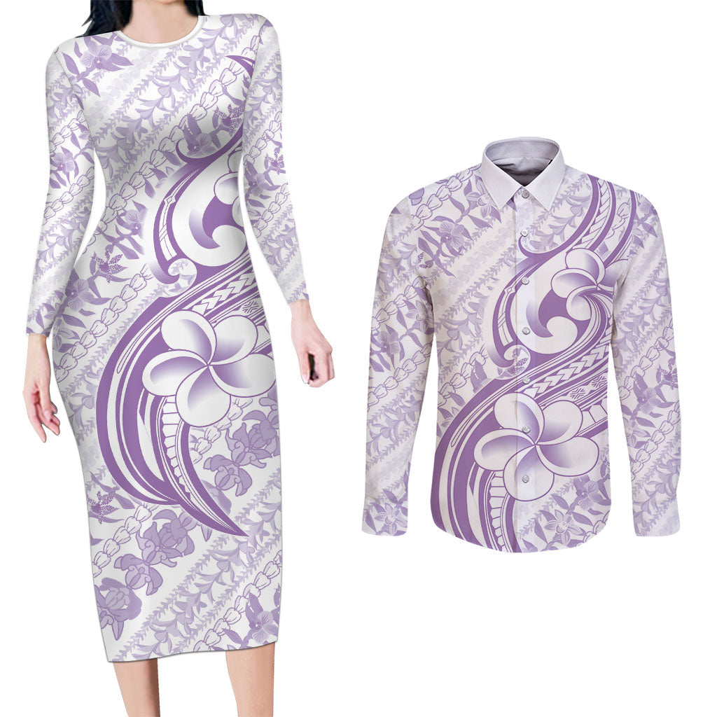 Hawaii Plumeria Lokelani Pikake Lei Couples Matching Long Sleeve Bodycon Dress and Long Sleeve Button Shirt Poni Polynesian Tattoo LT9 Purple - Polynesian Pride