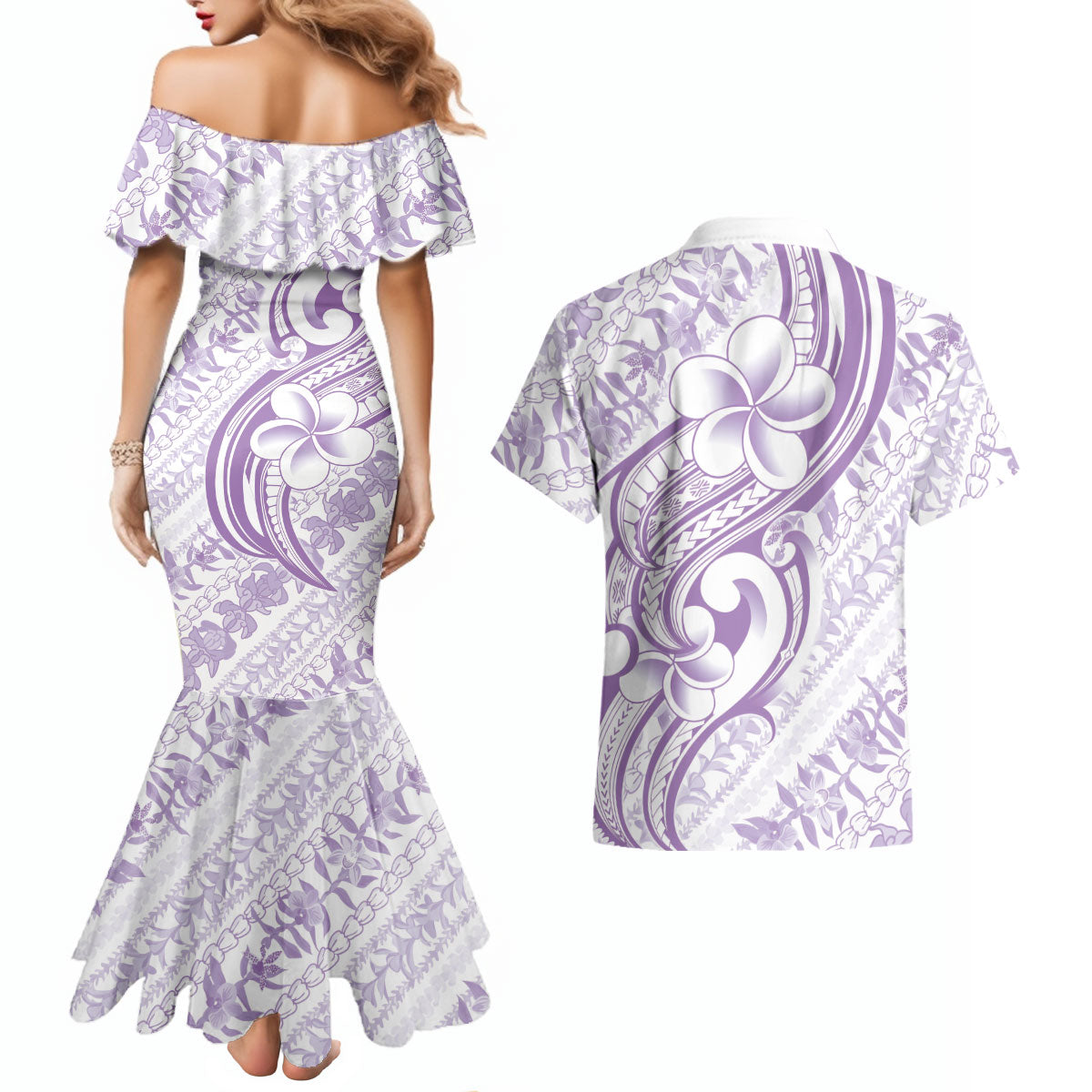 Hawaii Plumeria Lokelani Pikake Lei Couples Matching Mermaid Dress and Hawaiian Shirt Poni Polynesian Tattoo LT9 - Polynesian Pride