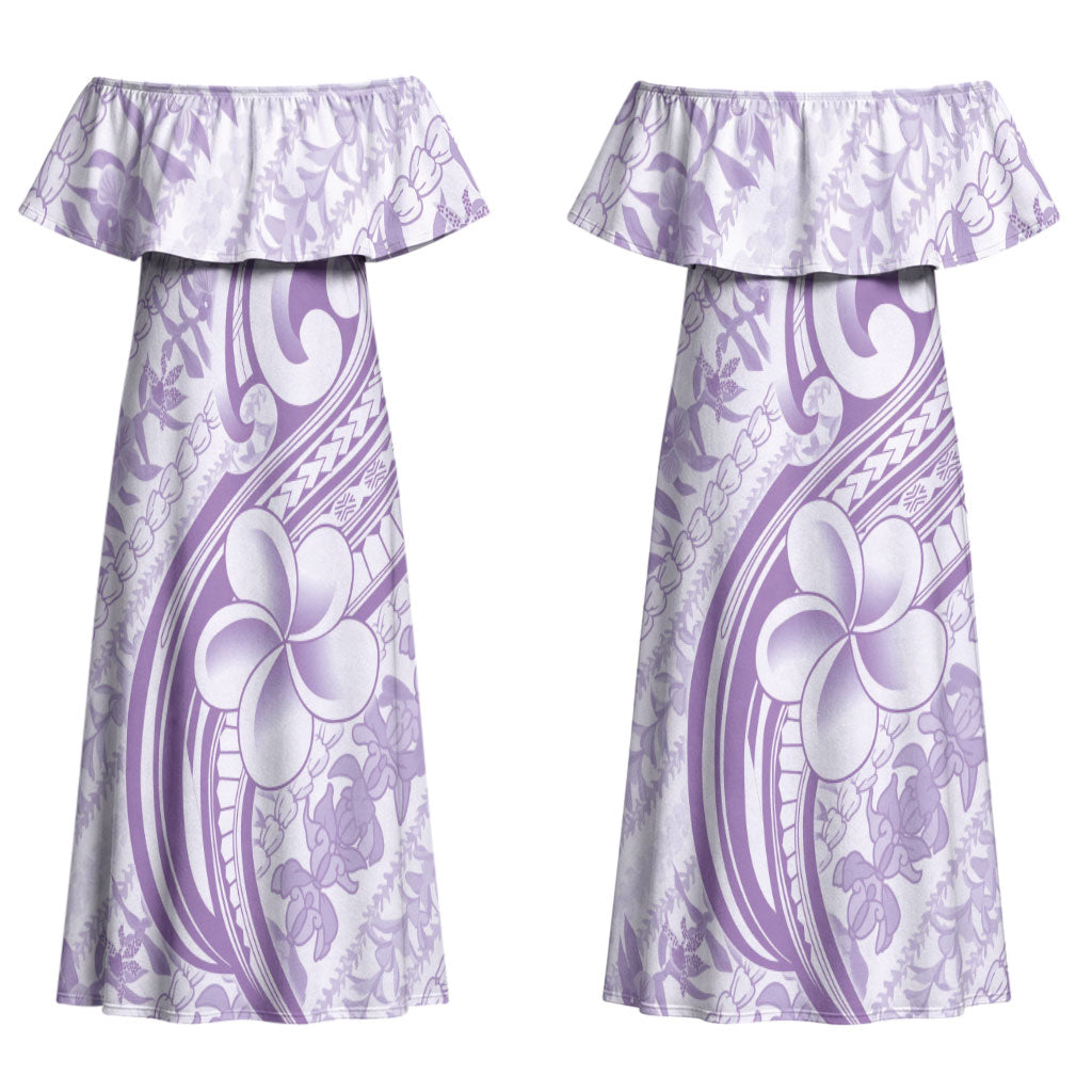 Hawaii Plumeria Lokelani Pikake Lei Couples Matching Off Shoulder Maxi Dress and Long Sleeve Button Shirt Poni Polynesian Tattoo LT9 - Polynesian Pride