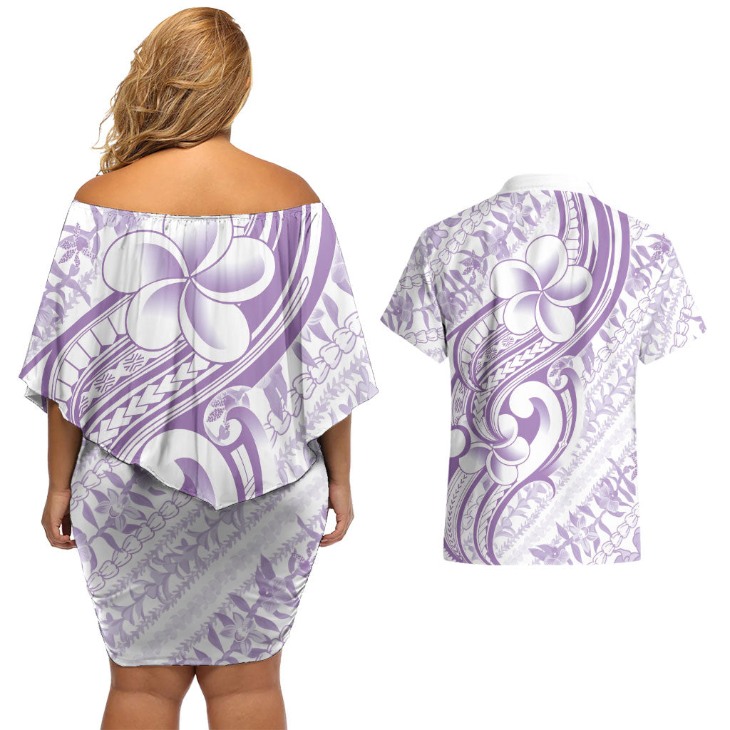 Hawaii Plumeria Lokelani Pikake Lei Couples Matching Off Shoulder Short Dress and Hawaiian Shirt Poni Polynesian Tattoo LT9 - Polynesian Pride