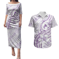 Hawaii Plumeria Lokelani Pikake Lei Couples Matching Puletasi and Hawaiian Shirt Poni Polynesian Tattoo LT9 Purple - Polynesian Pride