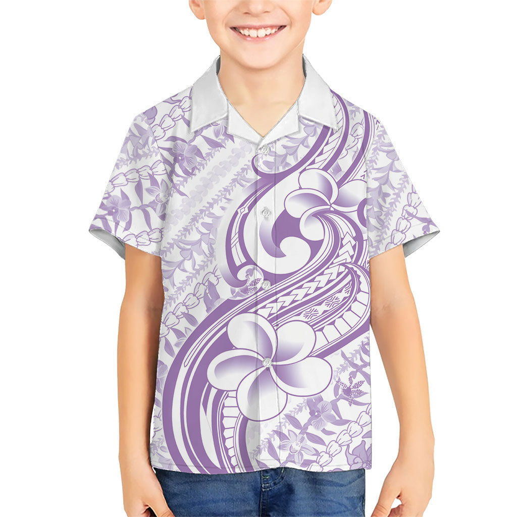 Hawaii Plumeria Lokelani Pikake Lei Family Matching Off Shoulder Maxi Dress and Hawaiian Shirt Poni Polynesian Tattoo LT9 Son's Shirt Purple - Polynesian Pride