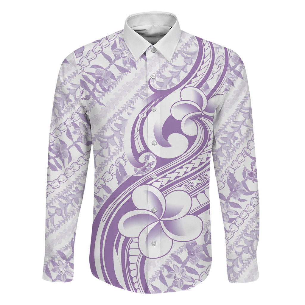 Hawaii Plumeria Lokelani Pikake Lei Family Matching Tank Maxi Dress and Hawaiian Shirt Poni Polynesian Tattoo LT9 Dad's Shirt - Long Sleeve Purple - Polynesian Pride