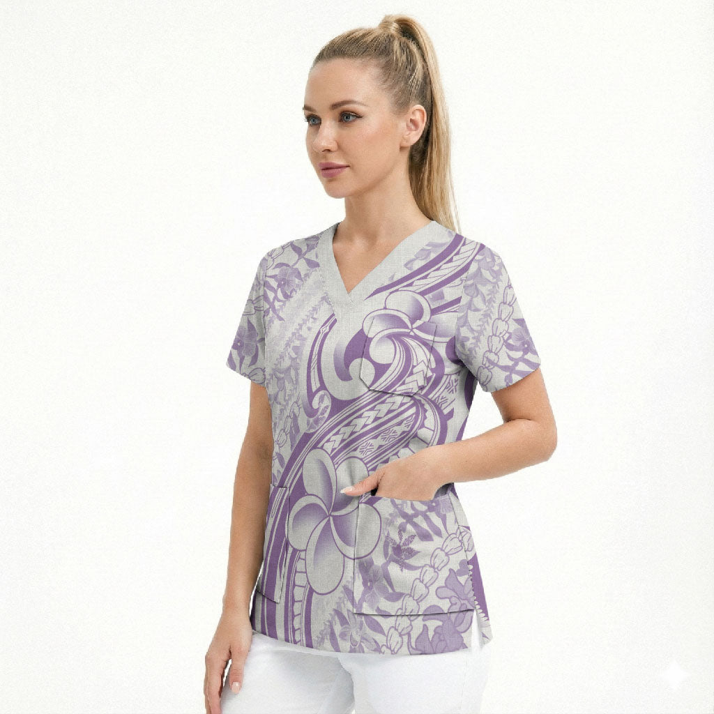 Hawaii Plumeria Lokelani Pikake Lei Scrub Top Poni Polynesian Tattoo