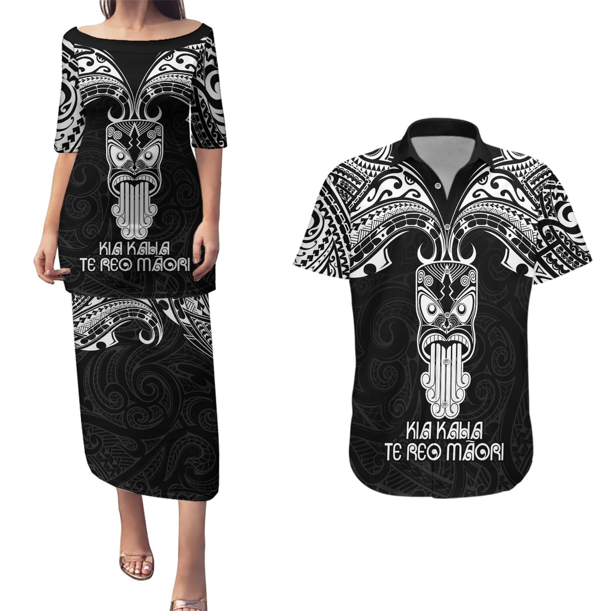 New Zealand Te Reo Maori Couples Matching Puletasi Dress and Hawaiian Shirt Kia Kaha Maori Language Week Black Style LT9 Black - Polynesian Pride