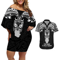 Personalised New Zealand Te Reo Maori Couples Matching Off Shoulder Short Dress and Hawaiian Shirt Kia Kaha Maori Language Week Black Style LT9 Black - Polynesian Pride