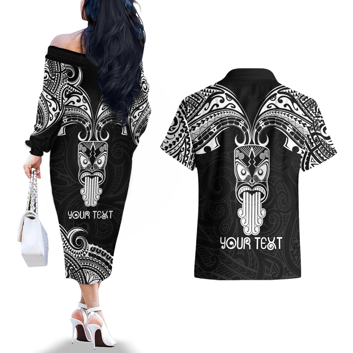 Personalised New Zealand Te Reo Maori Couples Matching Off The Shoulder Long Sleeve Dress and Hawaiian Shirt Kia Kaha Maori Language Week Black Style LT9 - Polynesian Pride