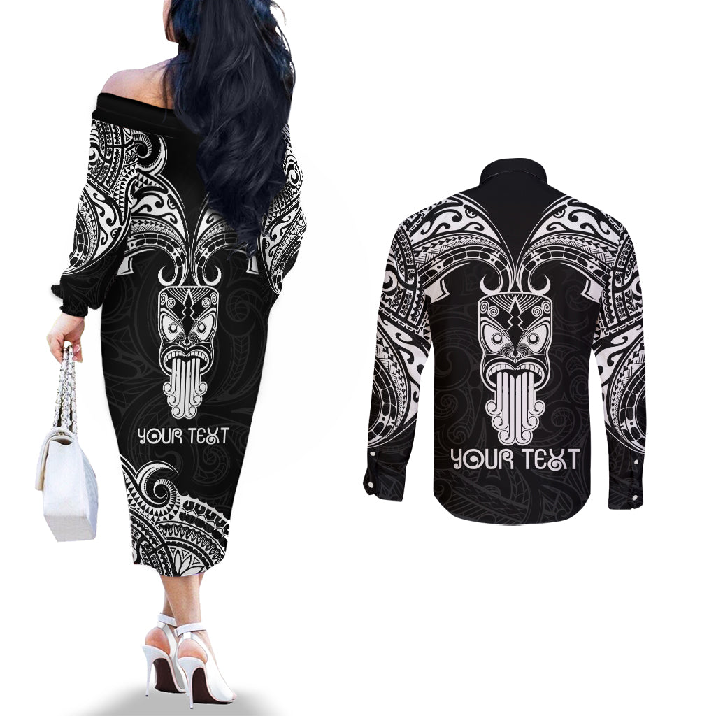 Personalised New Zealand Te Reo Maori Couples Matching Off The Shoulder Long Sleeve Dress and Long Sleeve Button Shirts Kia Kaha Maori Language Week Black Style LT9 - Polynesian Pride
