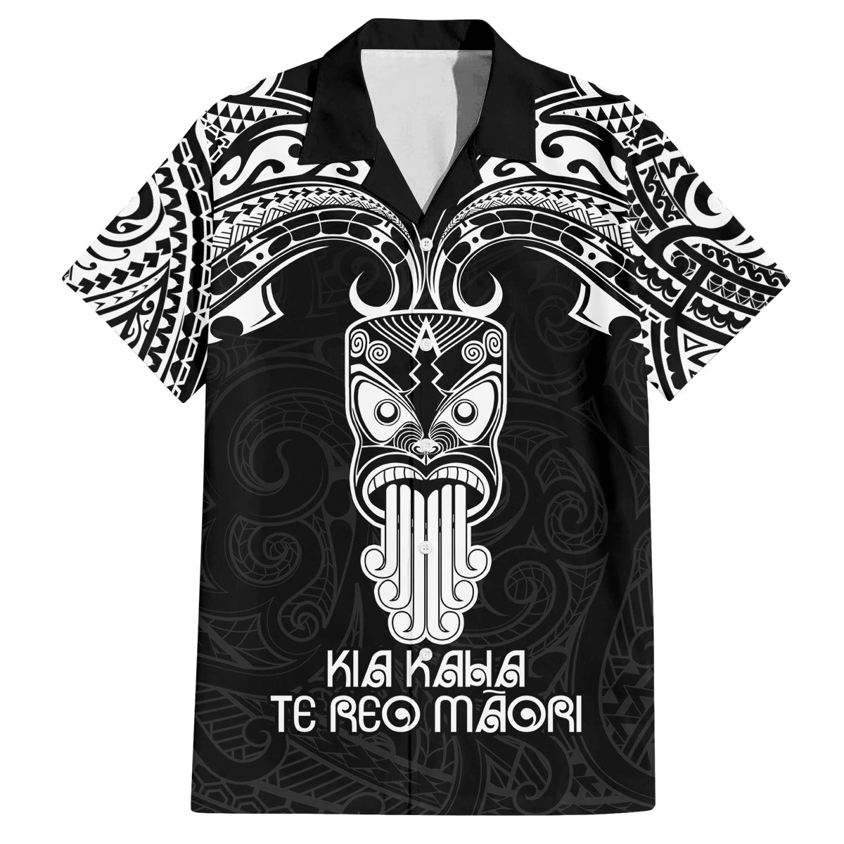 Personalised New Zealand Te Reo Maori Family Matching Off Shoulder Maxi Dress and Hawaiian Shirt Kia Kaha Maori Language Week Black Style LT9 Dad's Shirt - Short Sleeve Black - Polynesian Pride