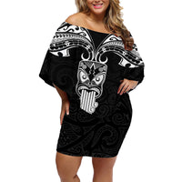 Personalised New Zealand Te Reo Maori Family Matching Off Shoulder Short Dress and Hawaiian Shirt Kia Kaha Maori Language Week Black Style LT9 Mom's Dress Black - Polynesian Pride