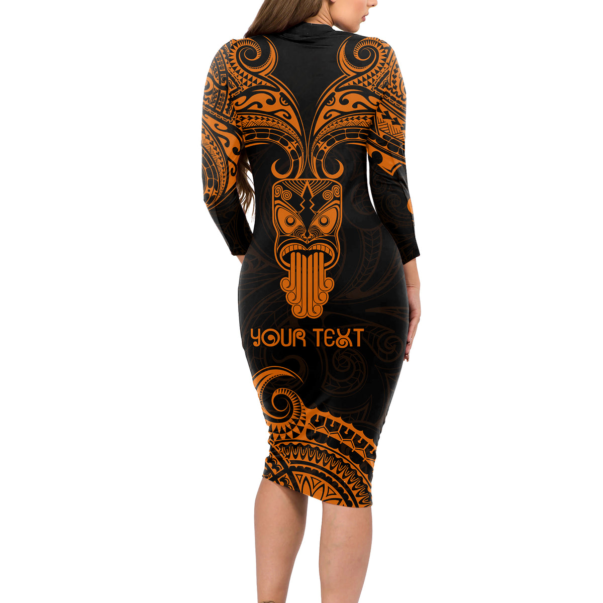 Personalised New Zealand Te Reo Maori Long Sleeve Bodycon Dress Kia Kaha Maori Language Week Gold Style LT9 - Polynesian Pride
