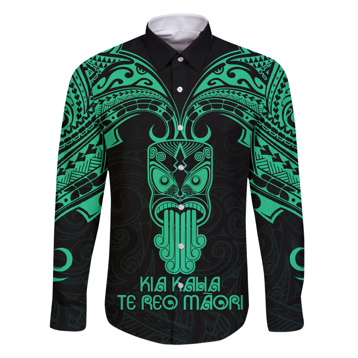 Personalised New Zealand Te Reo Maori Family Matching Off Shoulder Maxi Dress and Hawaiian Shirt Kia Kaha Maori Language Week Green Style LT9 Dad's Shirt - Long Sleeve Green - Polynesian Pride