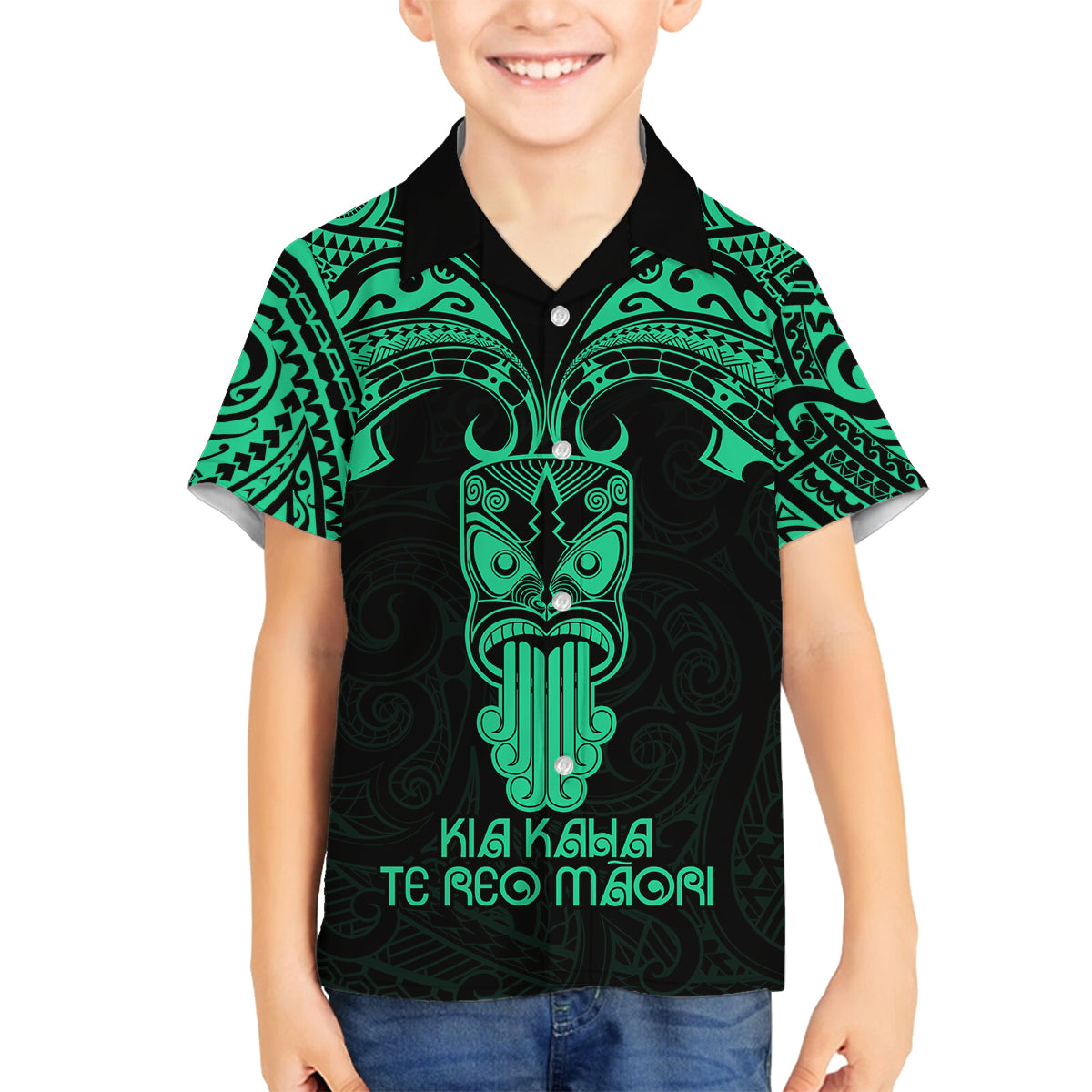 Personalised New Zealand Te Reo Maori Family Matching Off Shoulder Maxi Dress and Hawaiian Shirt Kia Kaha Maori Language Week Green Style LT9 Son's Shirt Green - Polynesian Pride