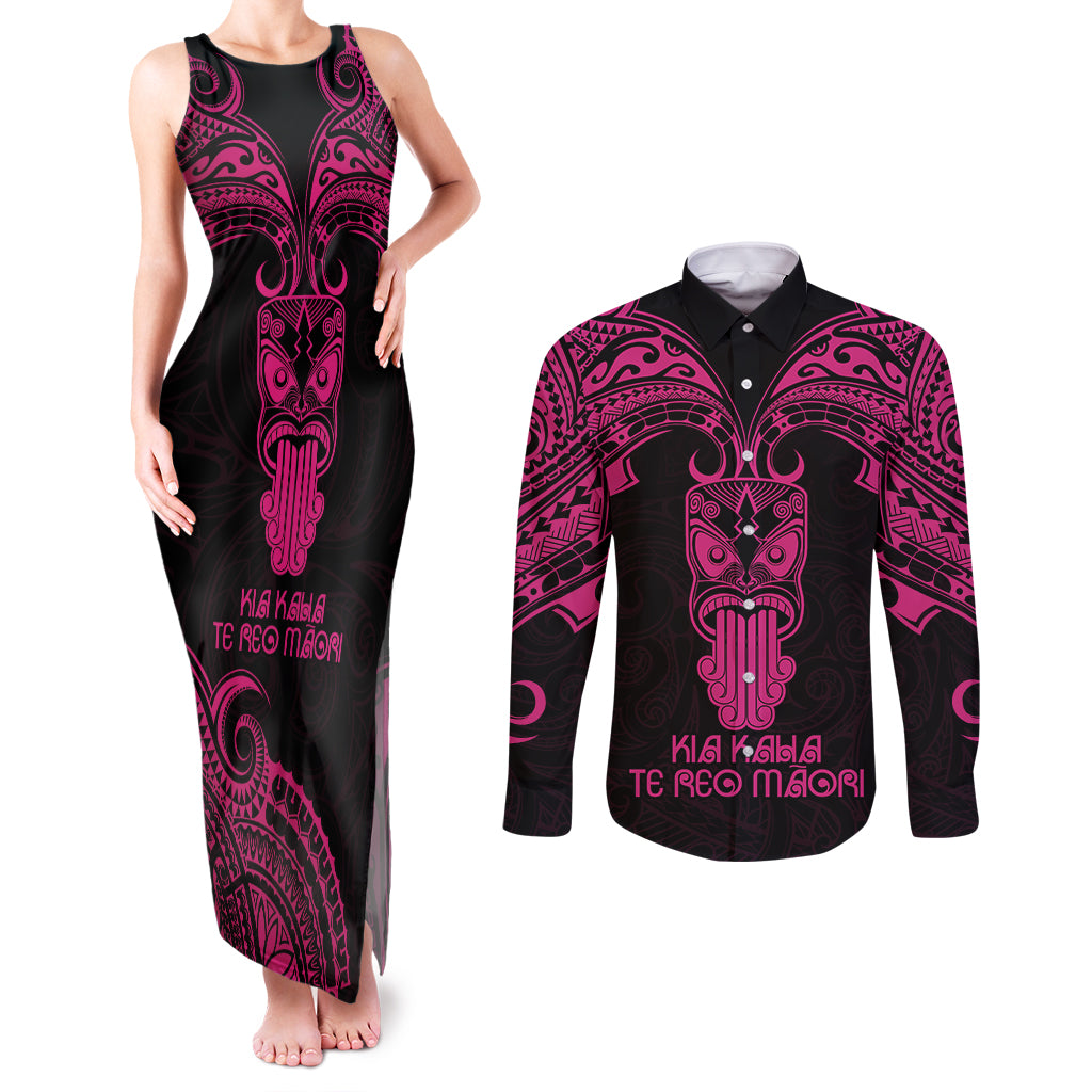 Personalised New Zealand Te Reo Maori Couples Matching Tank Maxi Dress and Long Sleeve Button Shirts Kia Kaha Maori Language Week Pink Style LT9 Pink - Polynesian Pride