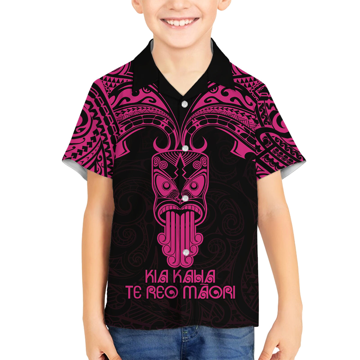 Personalised New Zealand Te Reo Maori Family Matching Puletasi Dress and Hawaiian Shirt Kia Kaha Maori Language Week Pink Style LT9 Son's Shirt Pink - Polynesian Pride
