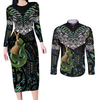 Personalised Maori Manaia Couples Matching Long Sleeve Bodycon Dress and Long Sleeve Button Shirt New Zealand Tribal Hei Matau Papua Shell LT9 Green - Polynesian Pride