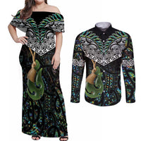 Personalised Maori Manaia Couples Matching Off Shoulder Maxi Dress and Long Sleeve Button Shirt New Zealand Tribal Hei Matau Papua Shell LT9 Green - Polynesian Pride