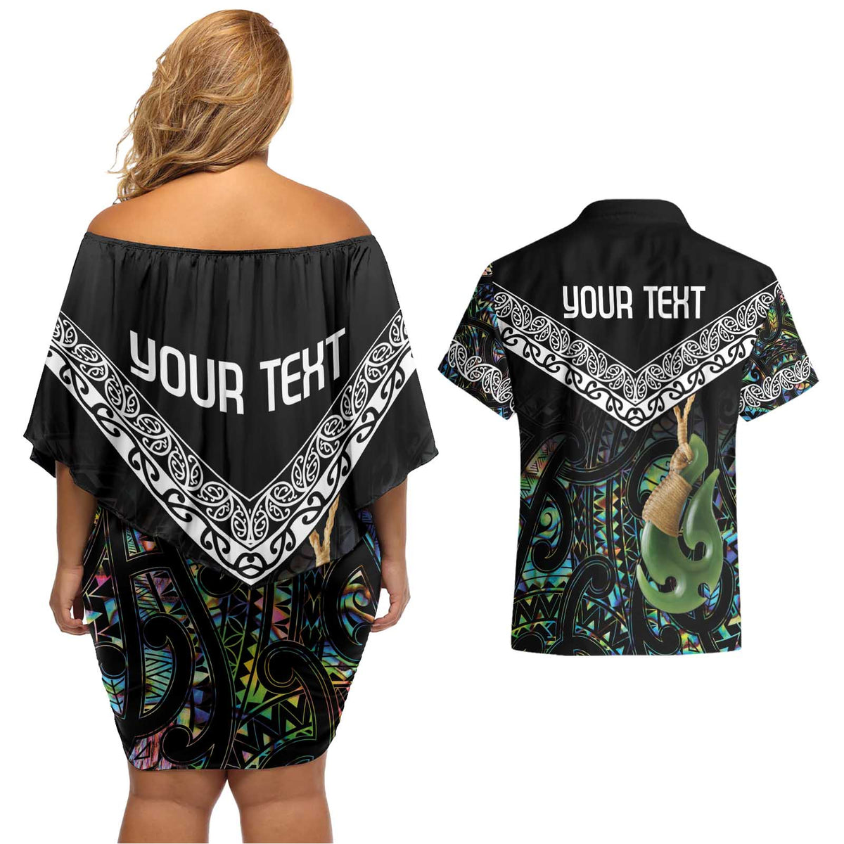 Personalised Maori Manaia Couples Matching Off Shoulder Short Dress and Hawaiian Shirt New Zealand Tribal Hei Matau Papua Shell LT9 - Polynesian Pride