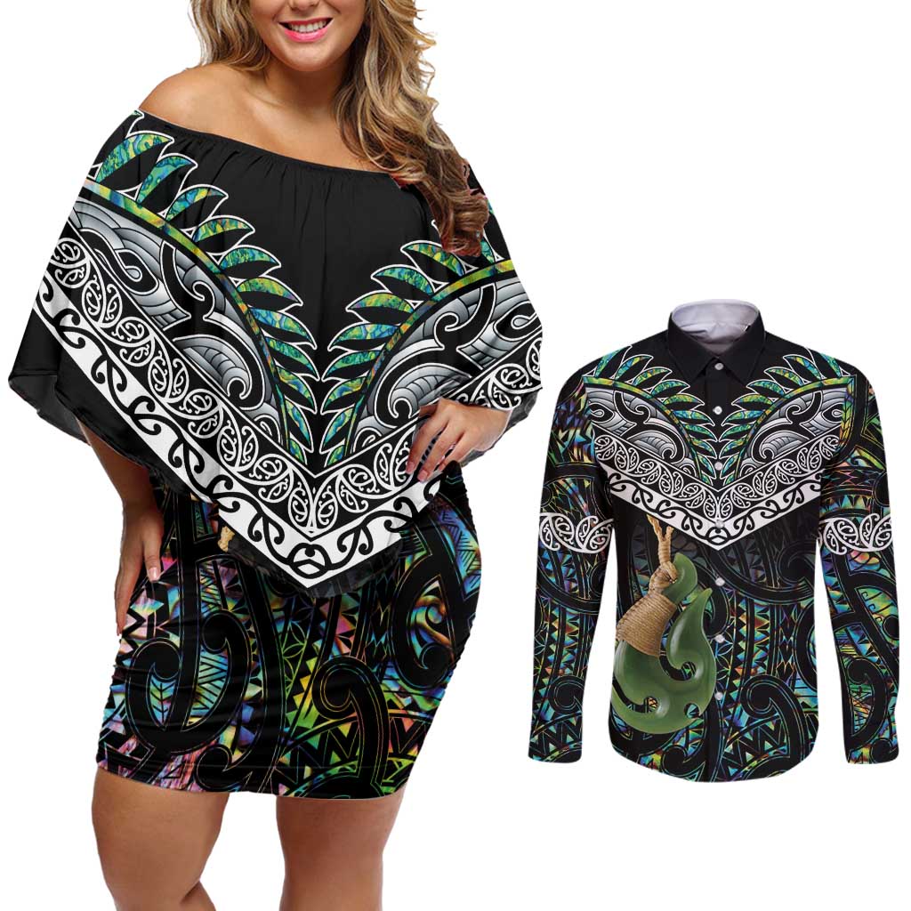 Personalised Maori Manaia Couples Matching Off Shoulder Short Dress and Long Sleeve Button Shirt New Zealand Tribal Hei Matau Papua Shell LT9 Green - Polynesian Pride