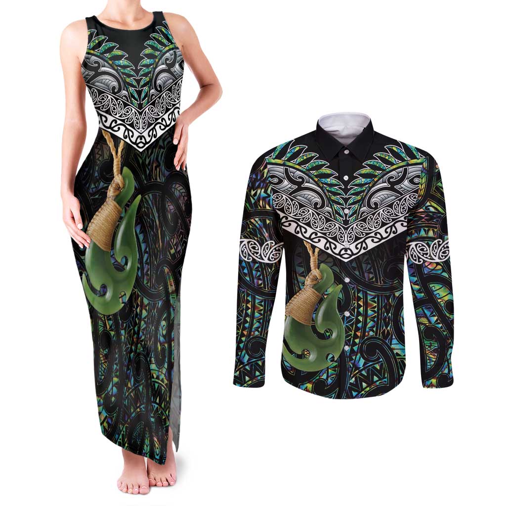 Personalised Maori Manaia Couples Matching Tank Maxi Dress and Long Sleeve Button Shirt New Zealand Tribal Hei Matau Papua Shell LT9 Green - Polynesian Pride