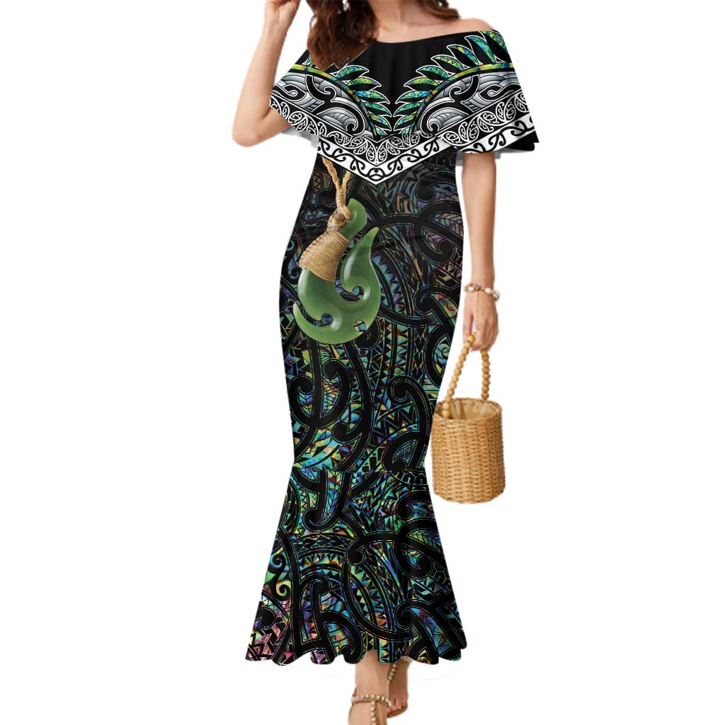 Personalised Maori Manaia Family Matching Mermaid Dress and Hawaiian Shirt New Zealand Tribal Hei Matau Papua Shell LT9 Mom's Dress Green - Polynesian Pride