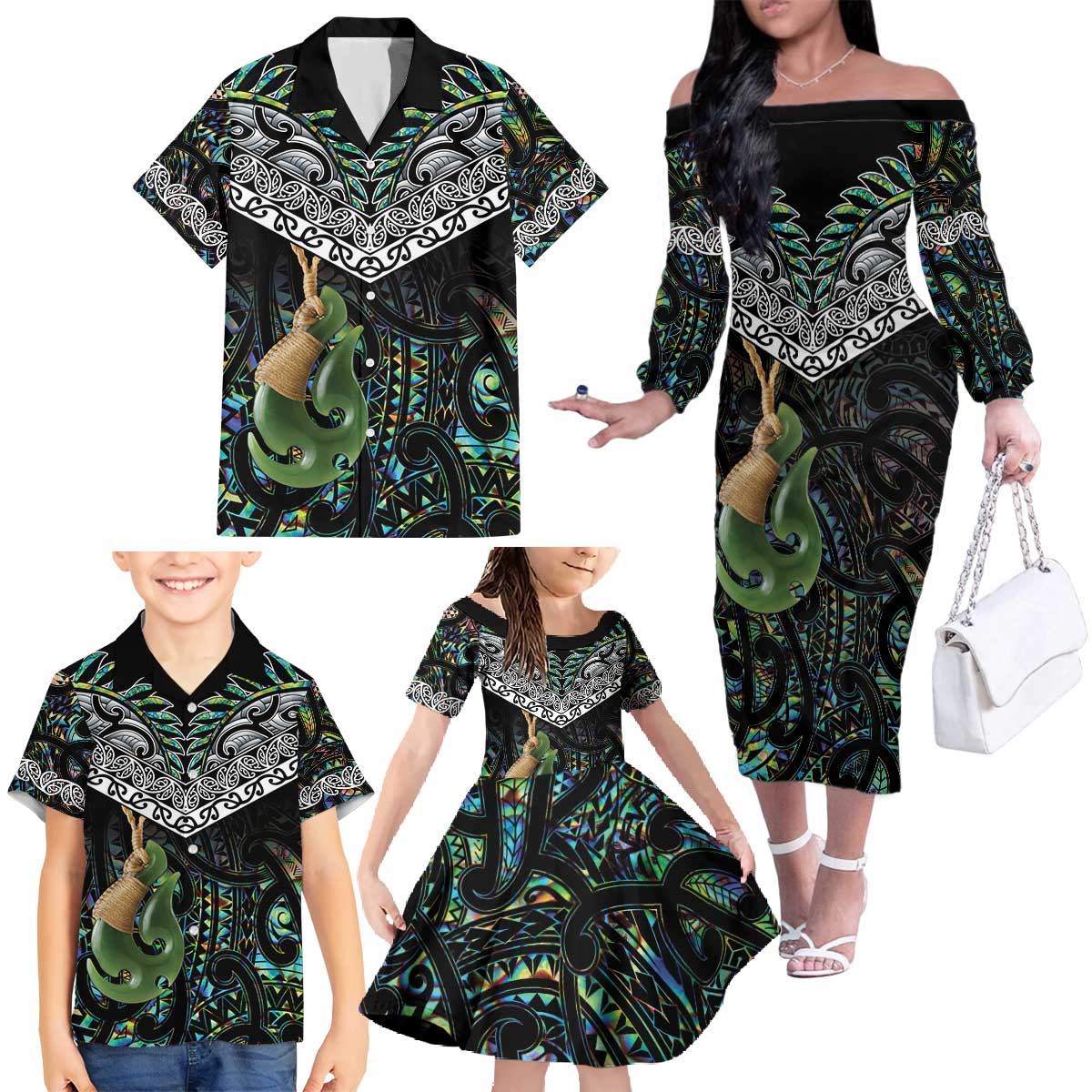 Personalised Maori Manaia Family Matching Off The Shoulder Long Sleeve Dress and Hawaiian Shirt New Zealand Tribal Hei Matau Papua Shell LT9 - Polynesian Pride