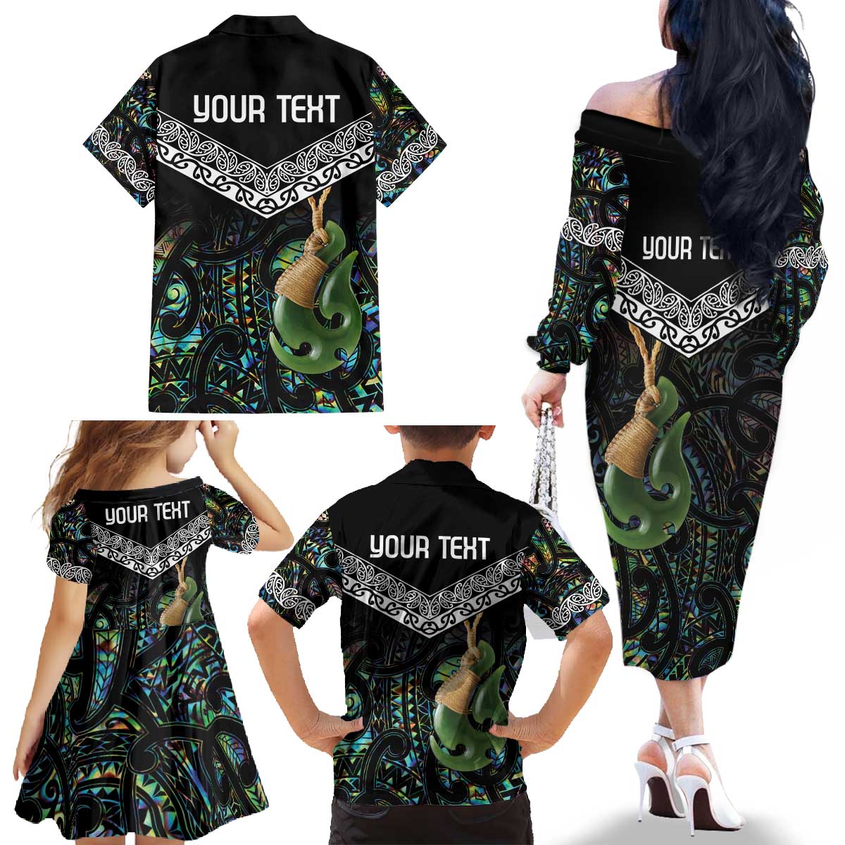 Personalised Maori Manaia Family Matching Off The Shoulder Long Sleeve Dress and Hawaiian Shirt New Zealand Tribal Hei Matau Papua Shell LT9 - Polynesian Pride